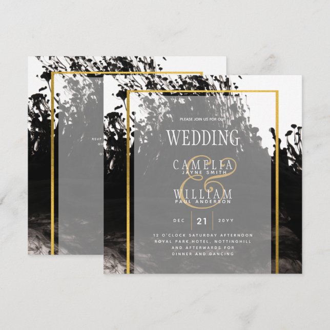Convite de Casamento Abstrato LeahG Black Gold INK (Frente/Verso)