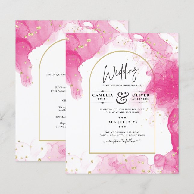 Convite de Casamento Abstrato LeahG PINK GOLD INK (Frente/Verso)