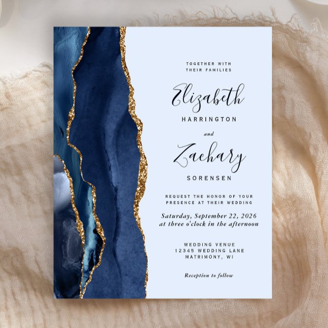 Convite de Casamento Agate Navy Azul Dourado Orçam (Criador carregado)