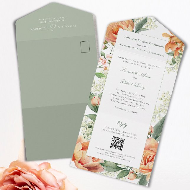 Convite de Casamento Água-Forte Flor de Pêssego Tu (Watercolor peach floral wedding invitation with sage green accents and tear-away RSVP card.)