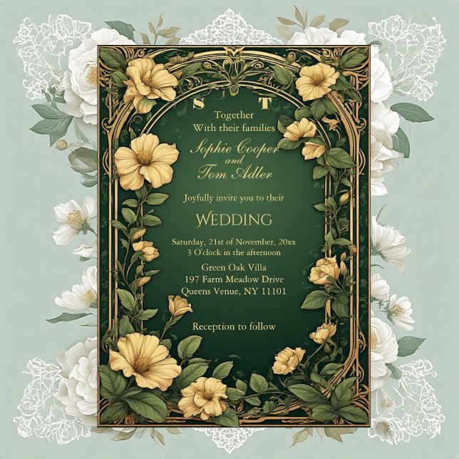 Convite de Casamento Alphonse Mucha Floral Opulenc (Alphonse Mucha Floral Opulence Gold Frame Wedding Invitation)
