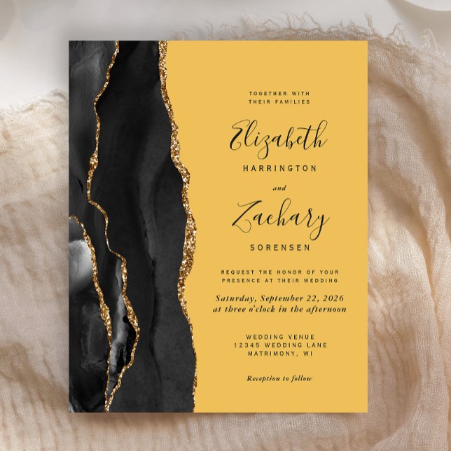Convite de Casamento Amarelo Ágata Preto Dourado E (Criador carregado)