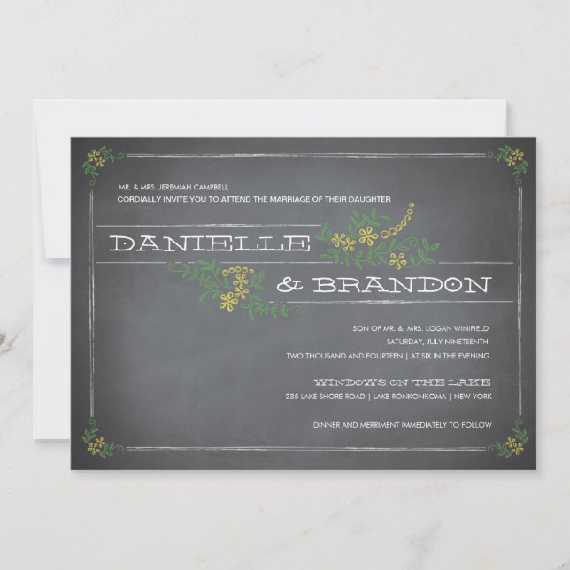 Convite De Casamento Amarelo De Chalkboard Stencil (Frente)