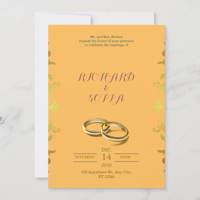 Convite de Casamento Amarelo e Laranja Profissiona (Frente)