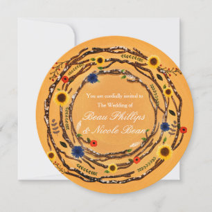 Convite de Casamento Amarelo Floral e Galhos Rústi