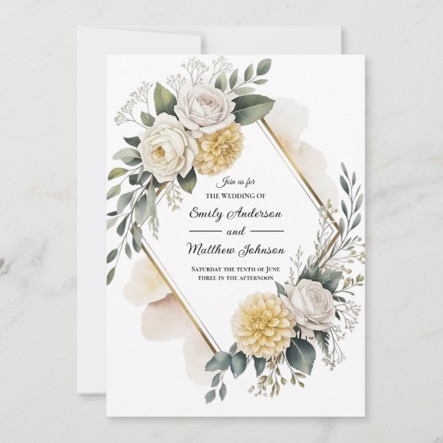 Convite de Casamento Amarelo Manteiga e Dourado (Frente)