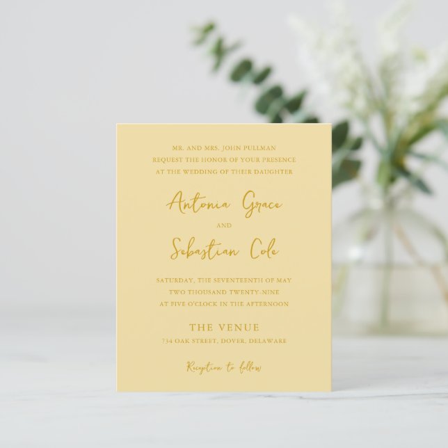 Convite de Casamento Amarelo Manteiga Elegante e E (Em pé/Frente)