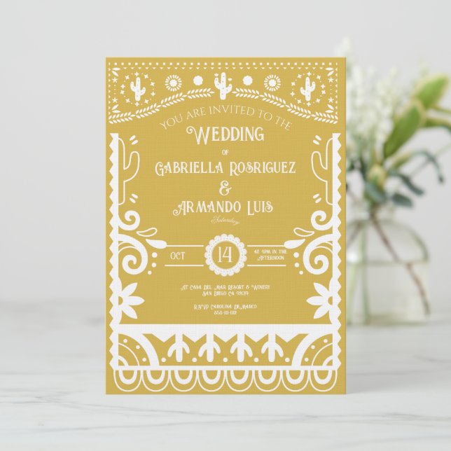 Convite de Casamento Amarelo Mostarda e Branco Pap (Em pé/Frente)