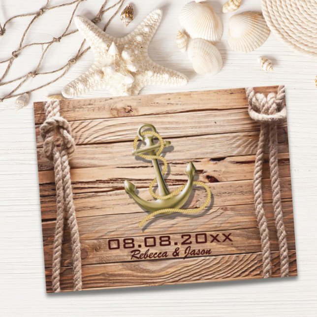 convite de casamento âncora de madeira na praia sa (ship dock wood beach anchor nautical save the date announcement postcard)