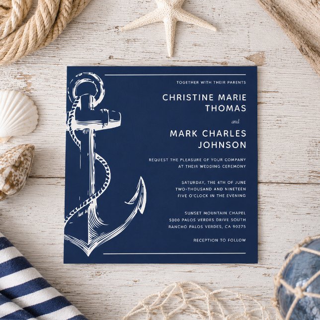 Convite de Casamento Âncora de Navio Azul Marinho (Tie the knot with this nautical sketch anchor wedding square invitation.)
