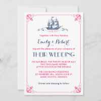 Convite de Casamento Âncora de Navio Vintage Rosa 