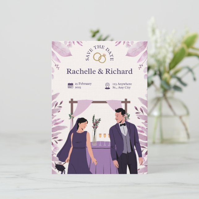 Convite de Casamento Animado Bege e Roxo (Em pé/Frente)