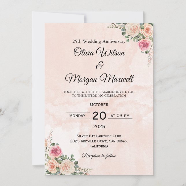 Convite de Casamento Aniversário Floral Rosa Elega (Frente)