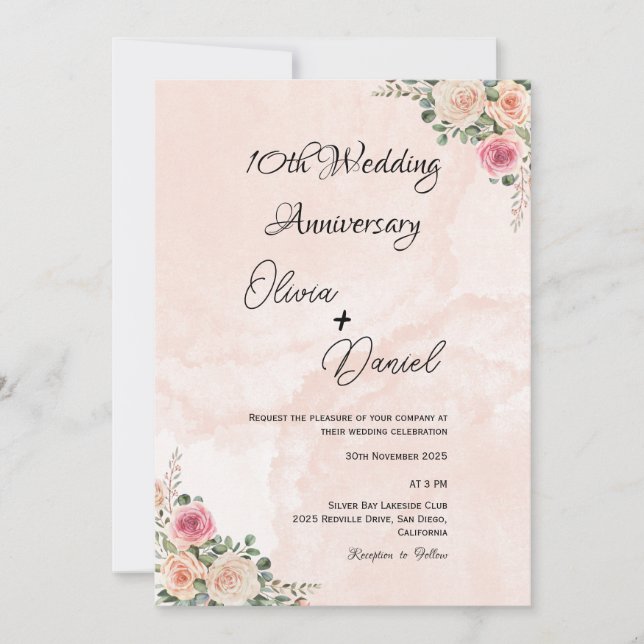 Convite de Casamento Aniversário Floral Rosa Suave (Frente)