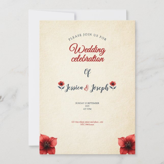convite de casamento antigo vintage Rosas vermelha (Frente)