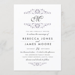 Convite de casamento Antiquado de Monograma Roxo