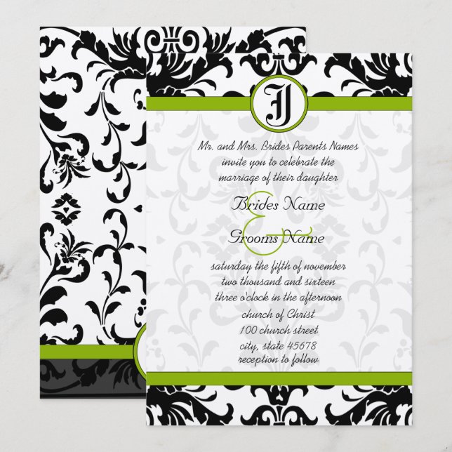 Convite de Casamento Apple Green & Black Damask (Frente/Verso)