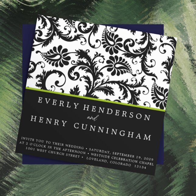 Convite de Casamento Apple Green Damask Monogram (Criador carregado)