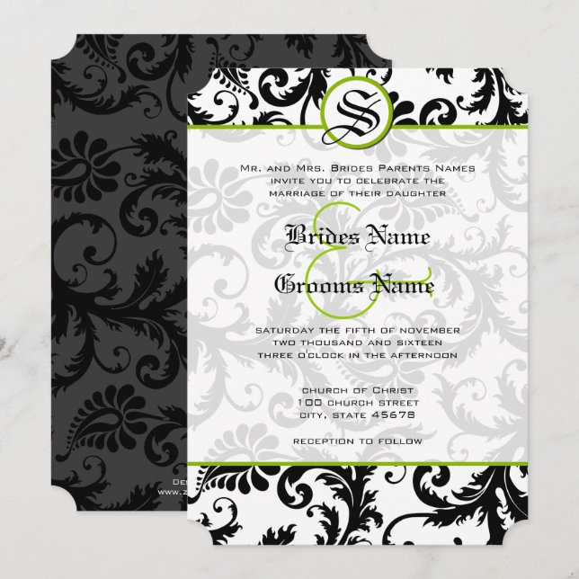Convite de Casamento Apple Green Damask Swirls (Frente/Verso)