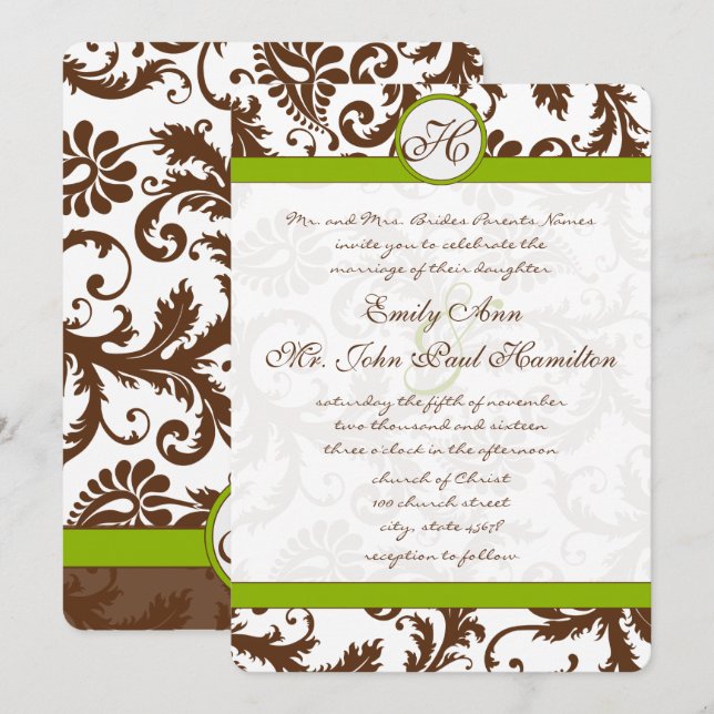 Convite de Casamento Apple Verde e Marrom Damask (Frente/Verso)