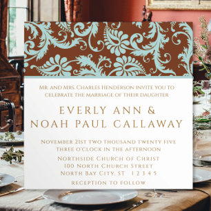 Convite de Casamento Aqua Blue Damask em Marrom