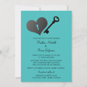 Convite de Casamento Aqua Heart Lock and Key