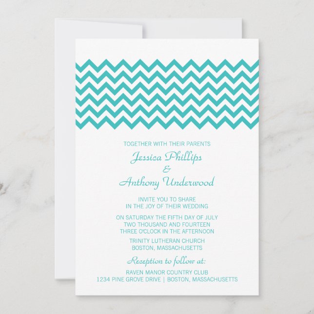 Convite de casamento Aqua Simple Chevron (Frente)