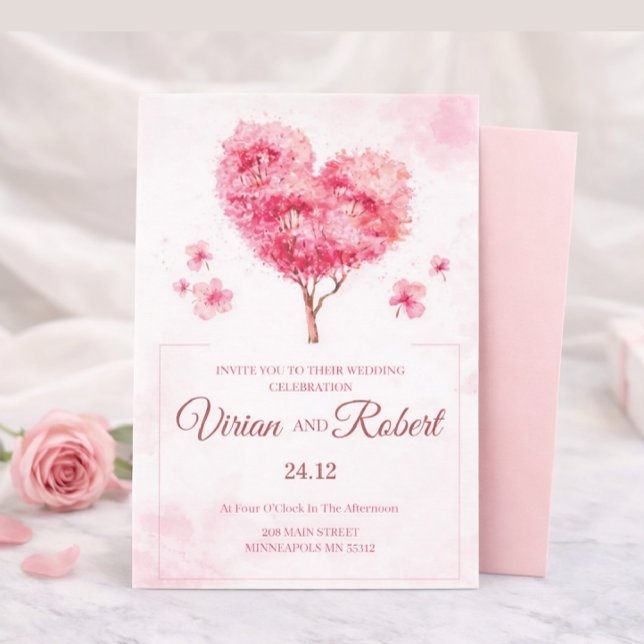 Convite de Casamento Aquarela Árvore Coração Rosa  (Criador carregado)