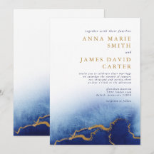 Convite de Casamento Aquarela Azul e Dourado Moder