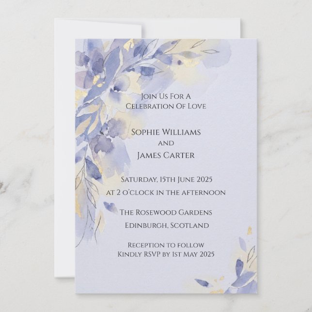 Convite de Casamento Aquarela Azul Lavanda (Frente)