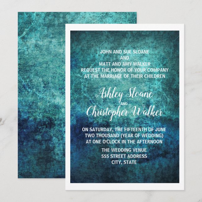 Convite de Casamento Aquarela Azul Marinho Verde Á (Frente/Verso)