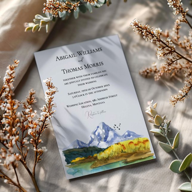 Convite de Casamento Aquarela Azul Rústico Montanh (Criador carregado)