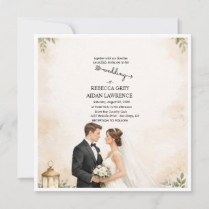 Convite de Casamento Aquarela Casal Romântico