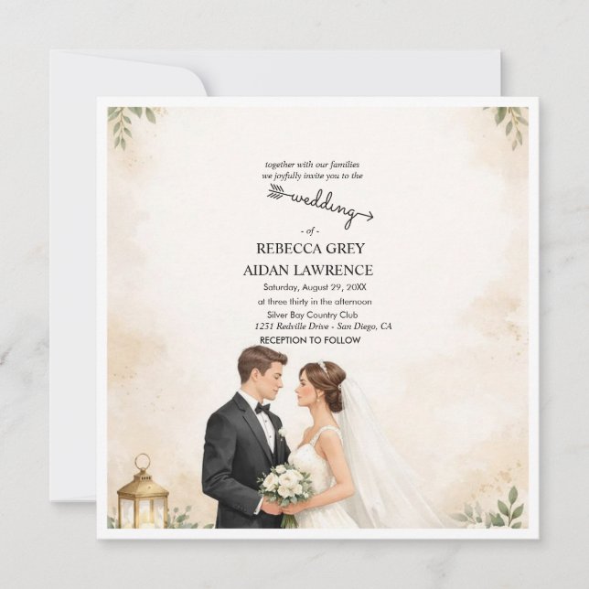 Convite de Casamento Aquarela Casal Romântico (Frente)