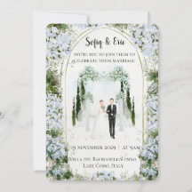 Convite de Casamento Aquarela com Arco Floral Azul