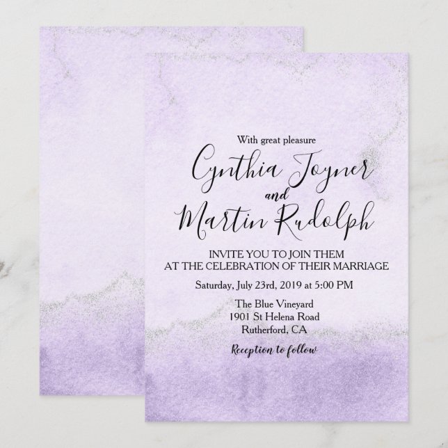 Convite de Casamento Aquarela com Glitter Lavanda (Frente/Verso)
