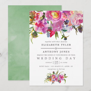 Convite de Casamento Aquarela com Peônias Rosa Ant