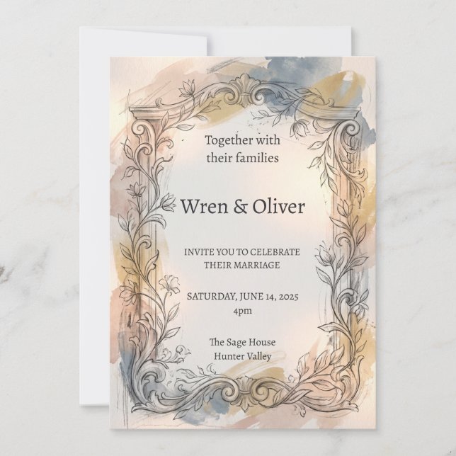 Convite de Casamento Aquarela com Trepadeira Flora (Frente)