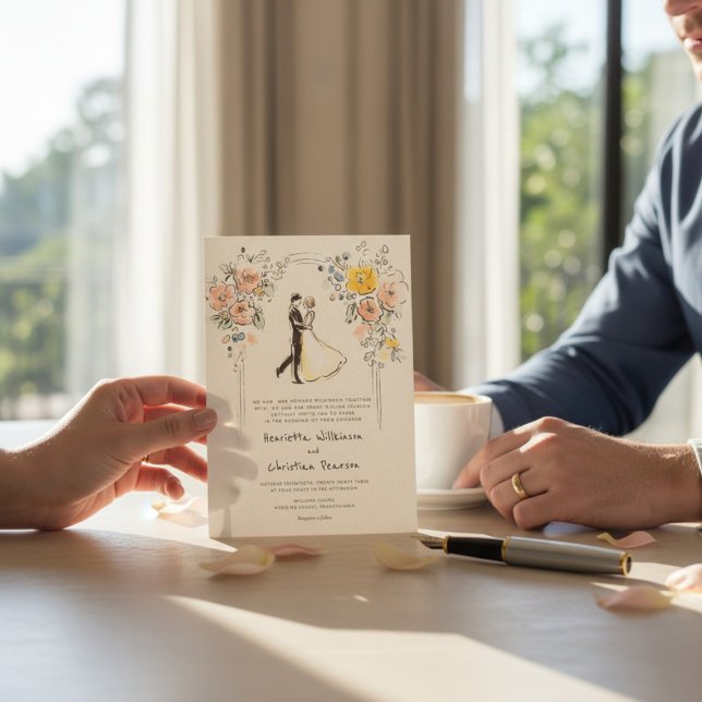 Convite de Casamento Aquarela de Casal com Arco Fl (Criador carregado)