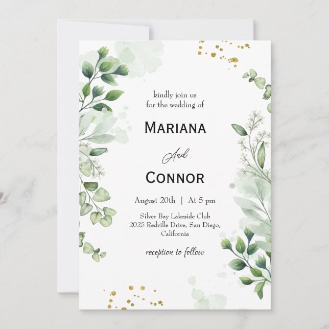 Convite de Casamento Aquarela de Folhagem Botânica (Frente)