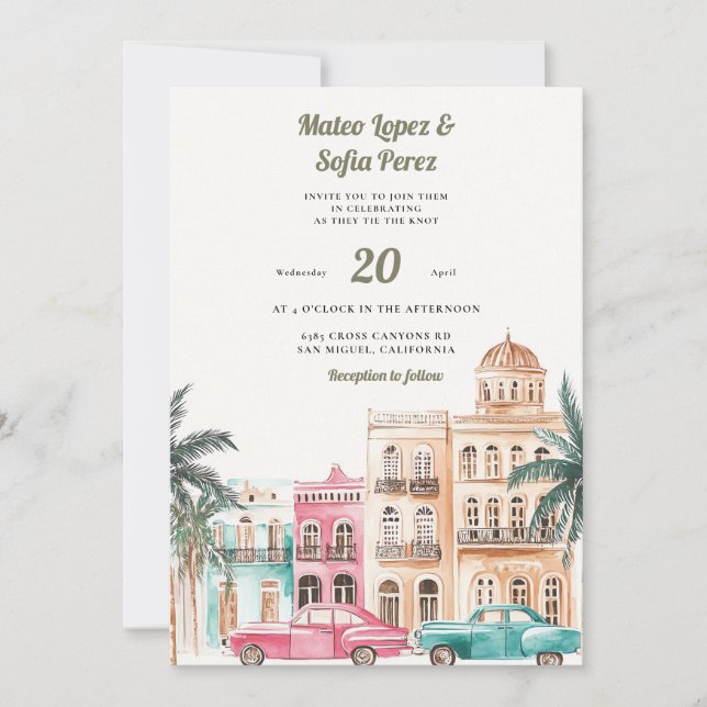 Convite de Casamento Aquarela de Havana Cuba (Frente)