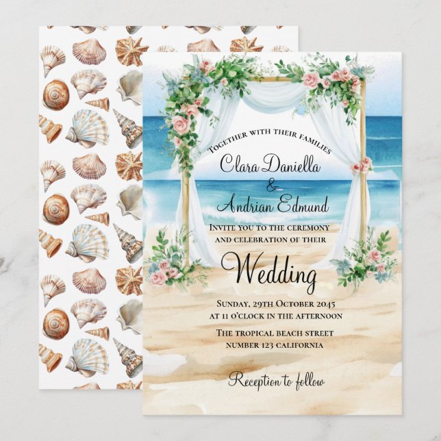 Convite de Casamento Aquarela de Praia (Frente/Verso)