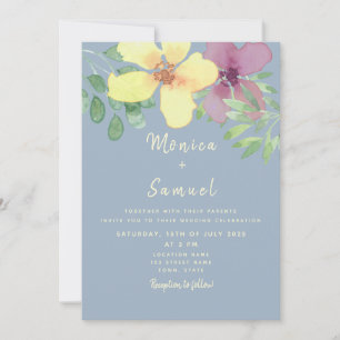 Convite de Casamento Aquarela Floral Amarelo Roxo