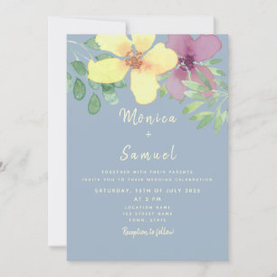 Convite de Casamento Aquarela Floral Amarelo Roxo 