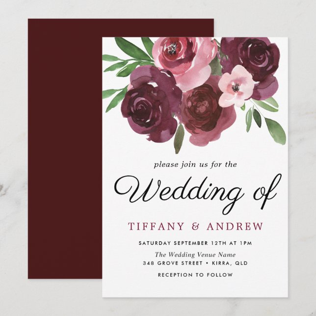 Convite de Casamento Aquarela Floral Burgundy (Frente/Verso)