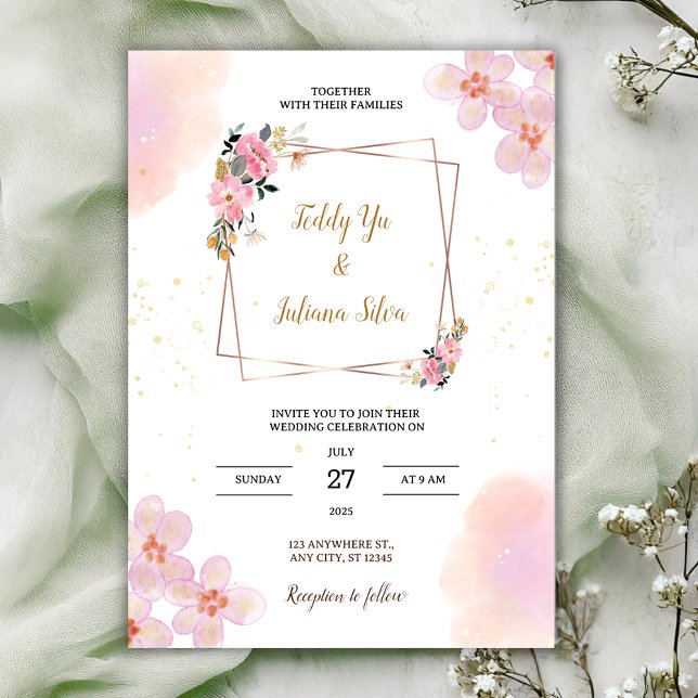 Convite de Casamento Aquarela Floral Rosa (Criador carregado)