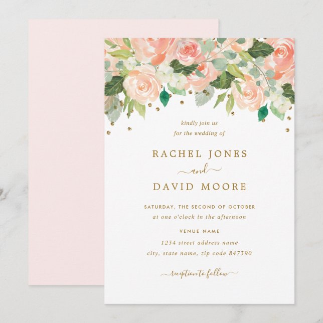 Convite de Casamento Aquarela Floral Rosa Dourado  (Frente/Verso)