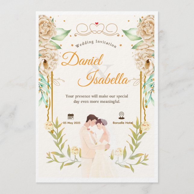 Convite de Casamento Aquarela Floral Verde Bege (Frente)