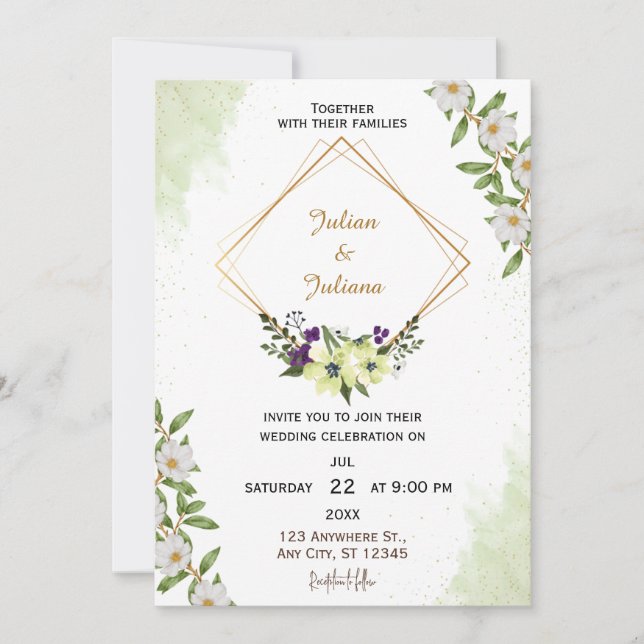 Convite de Casamento Aquarela Floral Verde Branco (Frente)