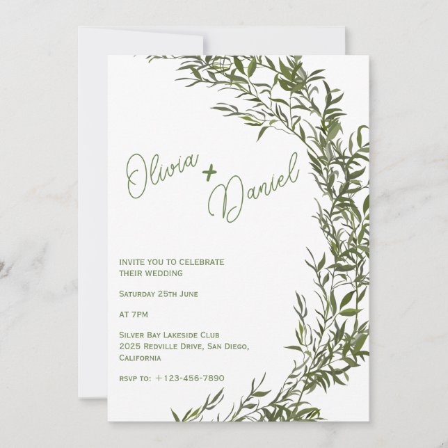 Convite de Casamento Aquarela Folhagem Delicada (Frente)